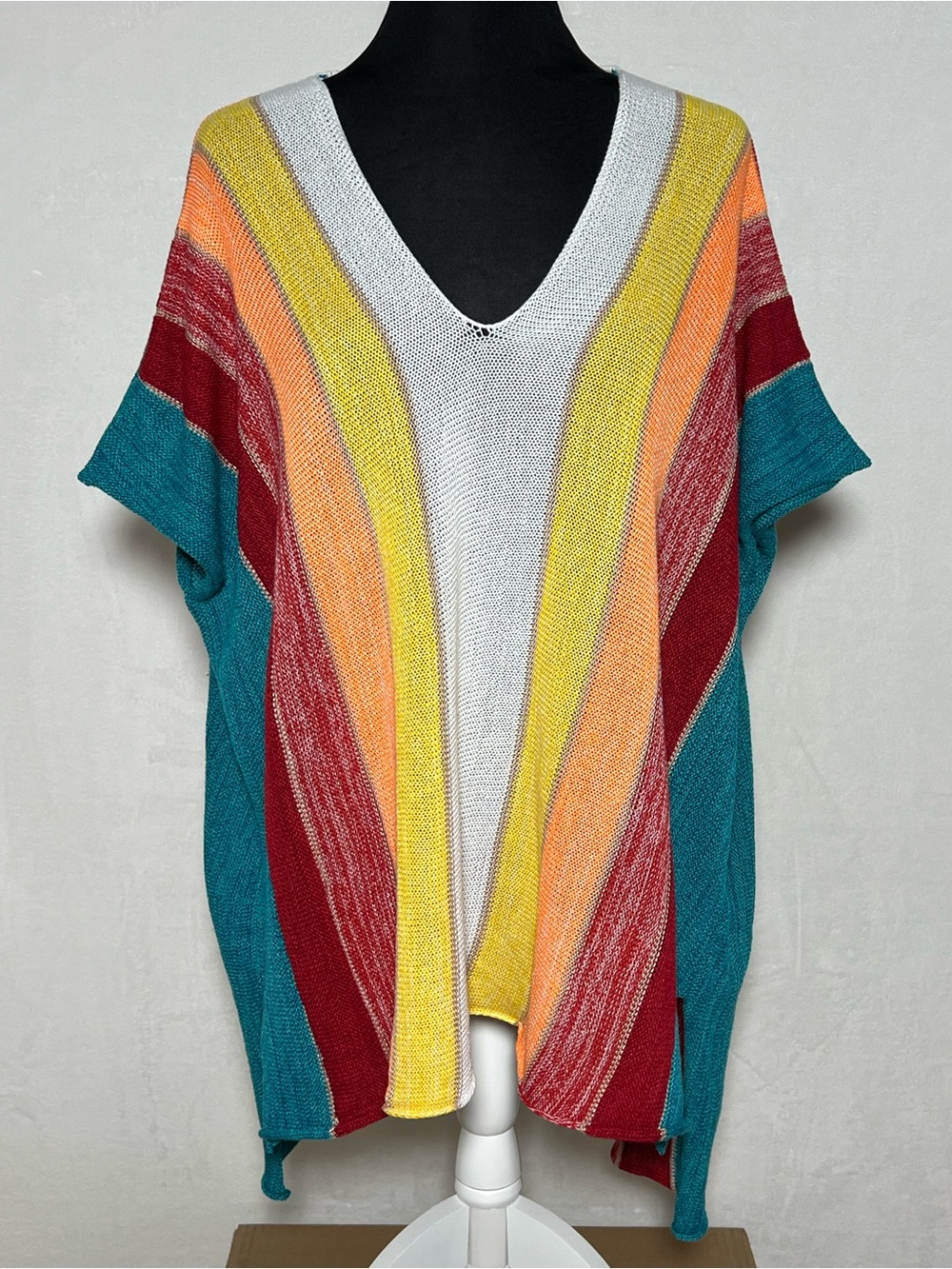 Multicolor Stripes V-Neck Knit Swim Coverup Poncho Sweater